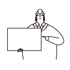 Vector illustration of a woman wearing a helmet pointing at the board.