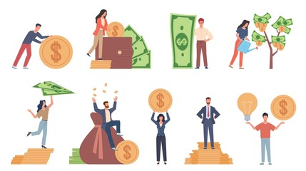Tiny people with money. Budget elements, different poses persons, woman waters money tree, man rolls large coin, holding bill, millionaire on full bags, businessman with cash, vector set