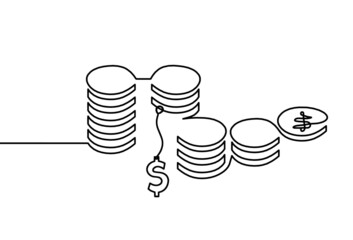 Abstract coins with dollar as continuous lines drawing on white background. Vector