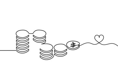 Abstract coins with heart as continuous lines drawing on white background