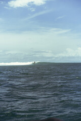 Surfing in Bali. A surfer in the ocean catches a wave.