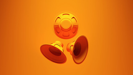 Orange 3 Speaker cones Vintage Music Audio Equipment Media Post-Punk with Bright Orange Background 3d illustration render