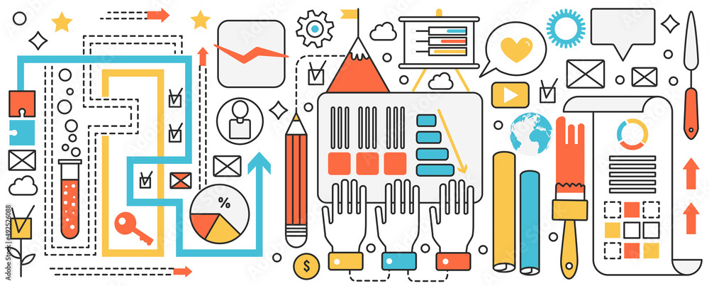 Poster creative studio business teamwork. professional tools for work in hands of office team, company deve