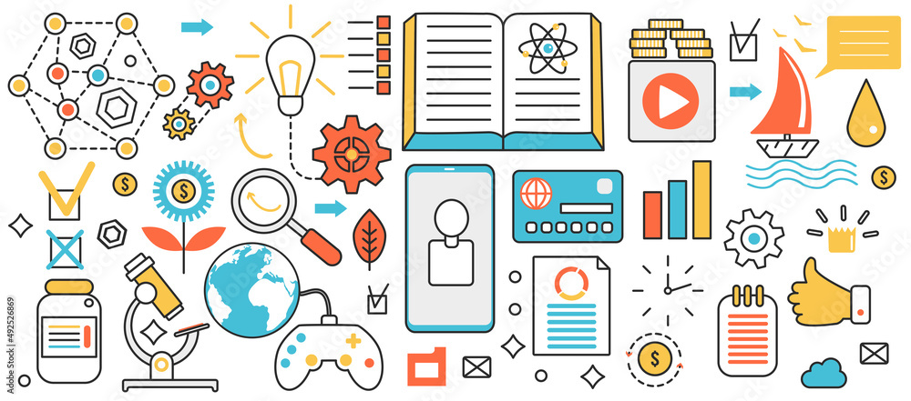 Poster Success business idea. Creative startup with light bulb symbol and knowledge, global data digital research, communication and strategy solution in infographic concept banner, thin line art design