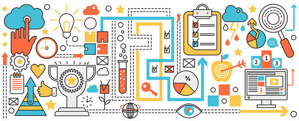 Business solution and strategic goal. Efficient development, achievement and progress in career, improvement of target search and growth process in infographic concept banner, thin line art design