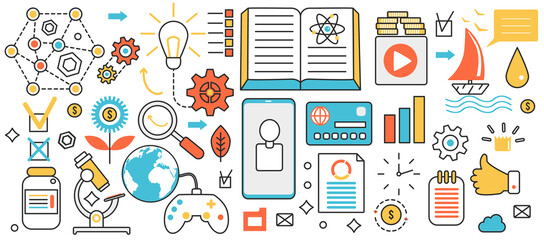 Success business idea. Creative startup with light bulb symbol and knowledge, global data digital research, communication and strategy solution in infographic concept banner, thin line art design