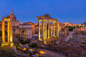 Fototapeta na wymiar Nightfall At The Roman Forum In Rome, Italy