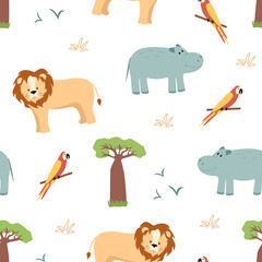 Fototapeta premium Seamless pattern African animals wallpaper for kids with cute funny cartoon animals.