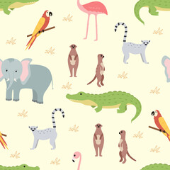 Seamless pattern African animals wallpaper for kids with cute funny cartoon animals.