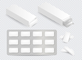 Set of realistic chewing gums isolated on dark background. Mint Bubblegum Realistic Set. Chewing gum mockups, stripes, tablets in blister pack and roll in container.