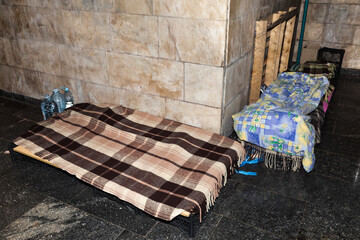 Life in a bomb shelter in metro station in Kyiv