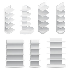 3d realistic white supermarket shelving display and bookstore racks. Mockup template ready for your design. Vector illustration.