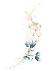 Branches with blue and pink leaves branches,and golden line art. Watercolor painted floral bouquet. 