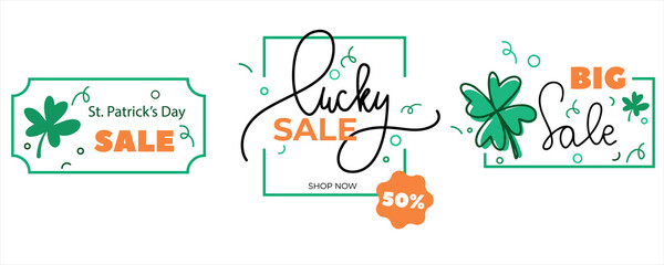 St. Patrick's Day Sale vector set banners.  Irish national holiday background and template with hand lettering and four leaf clover for holiday shopping and sales. 