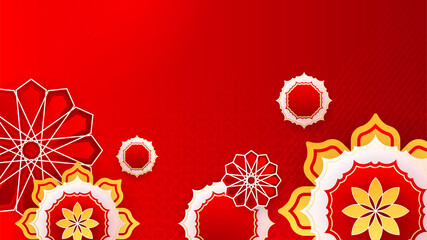 Islamic ramadan kareem background. Ramadan Kareem vector card with 3d golden metal crescent and stars. Arabic style arch in red orange color with traditional pattern. Copy space.