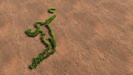Concept or conceptual green summer lawn grass symbol shape on brown soil or earth background, a volleyball player image. 3d illustration metaphor for sport, competition, relaxation, family and fun