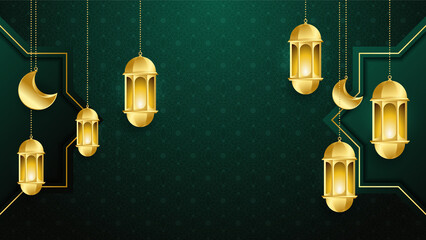 Beautiful realistic luxury green gold Islamic ramadan kareem design background with mandala pattern, hanging lantern, moon, and star.