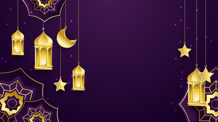 Ramadan Kareem vector card with 3d golden metal crescent and stars. Arabic style arch in purple color with traditional pattern.
