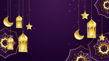 Ramadan Kareem vector card with 3d golden metal crescent and stars. Arabic style arch in purple color with traditional pattern.