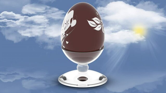 Animazione illustrazione 3D.  Uovo di Pasqua di cioccolato ruota mostrando varie decorazioni.