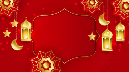 Ramadan Kareem background. Red gold moon and abstract luxury islamic elements background