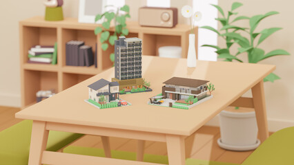 3Dイラストレーションで構成されたミニチュア住宅のイメージ。