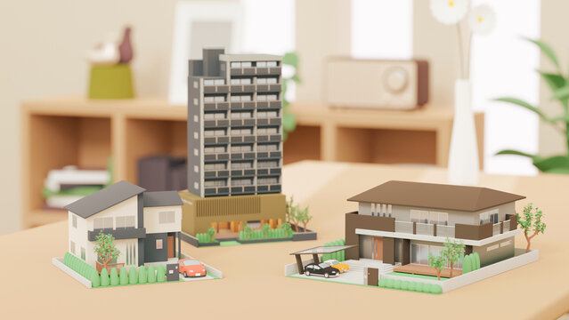 3Dイラストレーションで構成されたミニチュア住宅のイメージ。