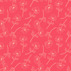 Fototapeta na wymiar Red background with poppy in the outline. Floral background wallpaper. Floral ornament, backdrop, packaging, wrapping paper.