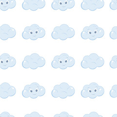 seamless pattern, children's style, flat pattern, clouds with a face, white background