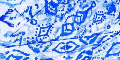 Geometric Print. Blue Silk. Watercolor Aztec