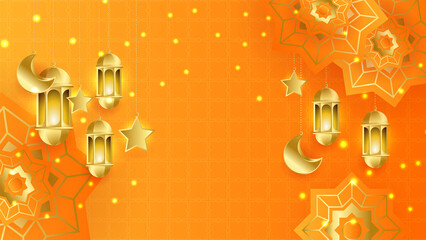 Realistic 3D Ramadan Kareem background. Orange gold moon and abstract luxury islamic elements background