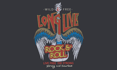 Guitar with wing rock and roll vector t shirt design. Music band poster artwork for apparel, poster, background, and others.