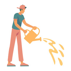 Young man irrigating garden with watering can semi flat color vector character. Posing figure. Full body person on white. Simple cartoon style illustration for web graphic design and animation
