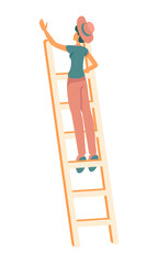 Young woman standing on garden ladder semi flat color vector character. Full body person on white. Harvesting season simple cartoon style illustration for web graphic design and animation