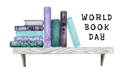 World book day. Cute book shelf teplate design for postcard, print. Hand drawn watercolor books illustartion