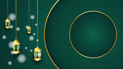 Fototapeta na wymiar Beautiful ramadan kareem green and gold banner design. Realistic 3D Ramadan Kareem background. Green gold moon and abstract luxury islamic elements background