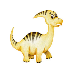 Little smiling yellow dinosaur with stripes. Watercolor clipart element isolated on white background. Illustartion for kids party, birthday, child room