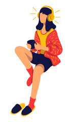 Teenage girl in comfy clothes listening to music semi flat color vector character. Sitting figure. Full body person on white. Simple cartoon style illustration for web graphic design and animation