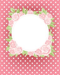 Vector postcard template of pink cream rose flower on polka dot background