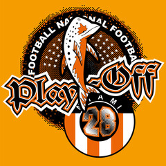 Dolphin mascot of an american football team in a coat of arms with the text "Play Off" and stars. American football mascot illustration concept.