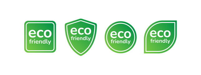 Eco friendly labels icon set. Natural organic ecology green stickers for product packaging design. Eco friendly minimal graphic green badges design elements. Flat style gradient vector illustrations.