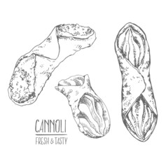 Hand drawn vector sicily cannoli illustration pastry - obrazy, fototapety, plakaty