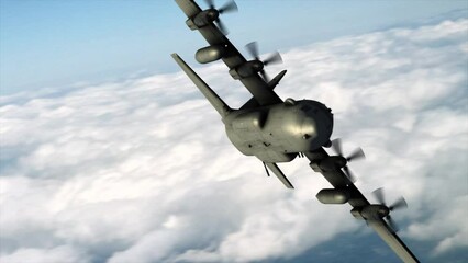4K Aerial C-130 flying high altitude and rolling left