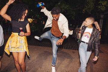 Energetic young man showing his friends some moves