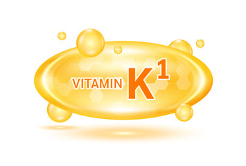 Vitamin K1 and minerals complex. Glossy vitamins pills capsules. Pill, Healthy food supplement. Medical scientific and healthcare concept. Isolated on white background 3D Vector EPS10.
