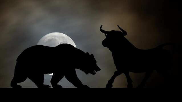 Frankfurt Stock Exchange: Bull and Bear Statues by Night, Time Lapse with Full Moon