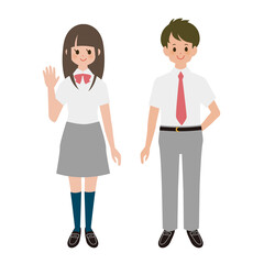 夏の制服を着た高校生男女全身セット