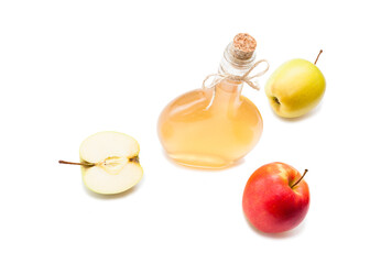 Homemade fermented vinegar with apples isolated on white top view