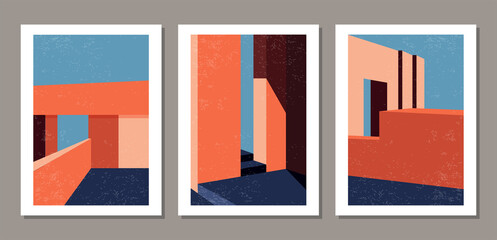 Set of contemporary geometry architecture posters in mid century modern style