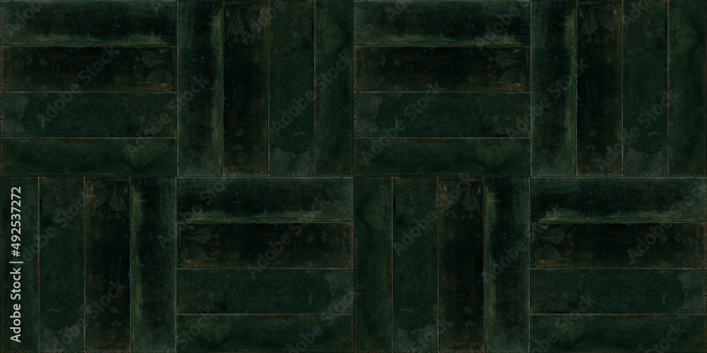 Poster dark green rectangular rustic brick tiles wall or floor texture wide background banner panorama
